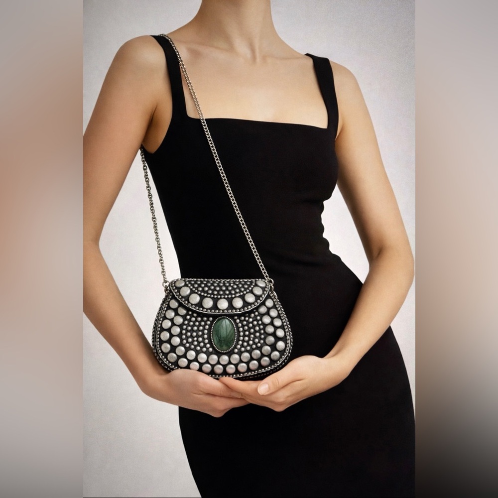 RAMLA Porte Moi Mosaic Moroccan Crossbody Clutch Silver Studded Green Stone NIP - Picture 3 of 11